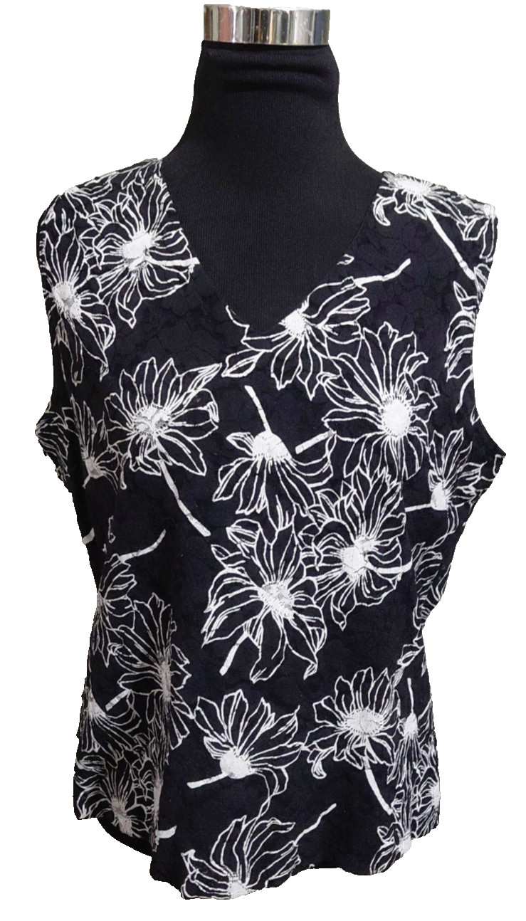 Chico’s Design Dressy Black White Floral Embroidered Sleeveless Tank Top SZ 2