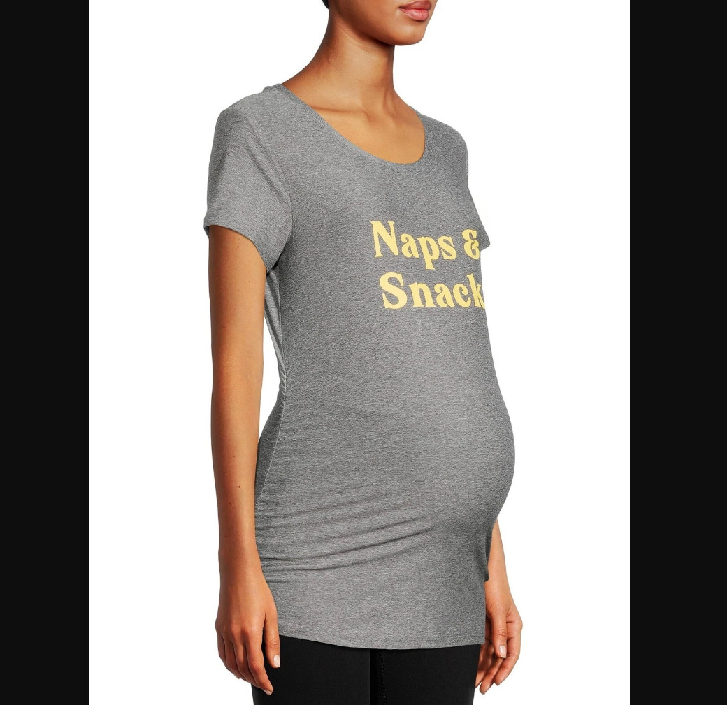 Women’s Time and Tru ‘Naps & Snacks’ Maternity Top Graphic Tee L (12-14) Gray