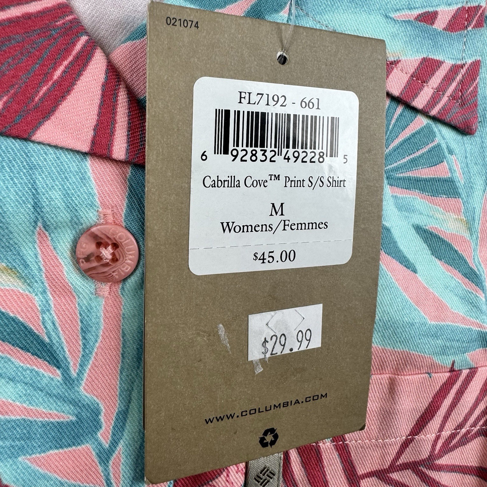 Columbia River Resort Shirt Womens Medium Pink Tropical Floral Hawaiian Button