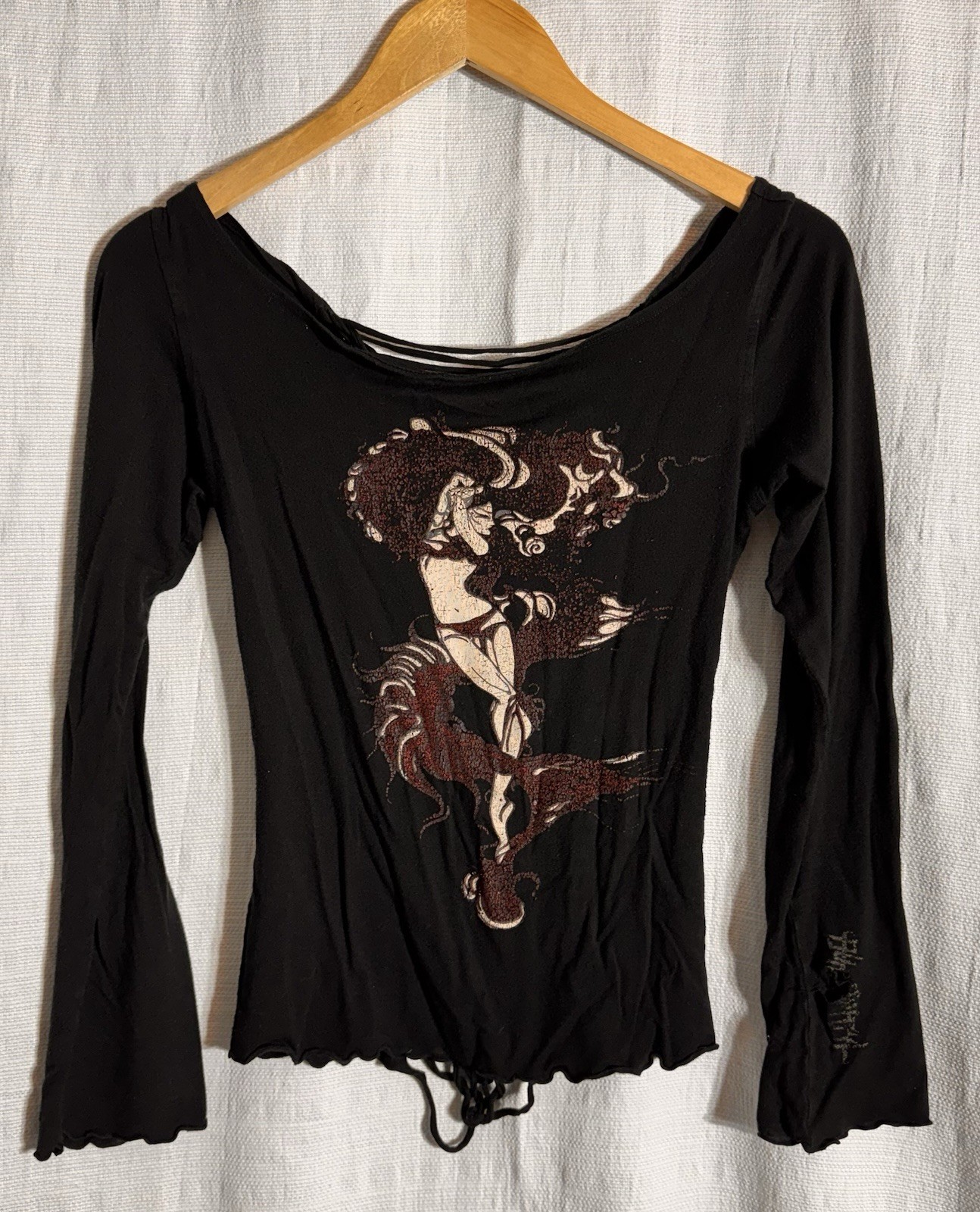 Buddhaful Y2K Graphic Shredded Back Long Sleeve Woman’s L Goth Burning Man Boho