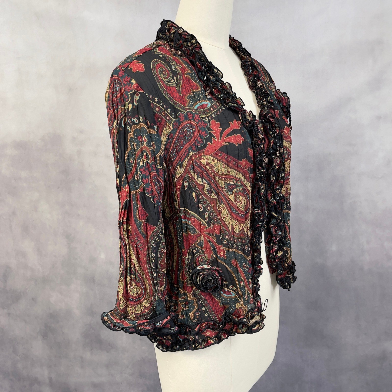 Agora Paisley Ruffle Open Front Jacket Women Medium Romantic Boho Artsy Fairy