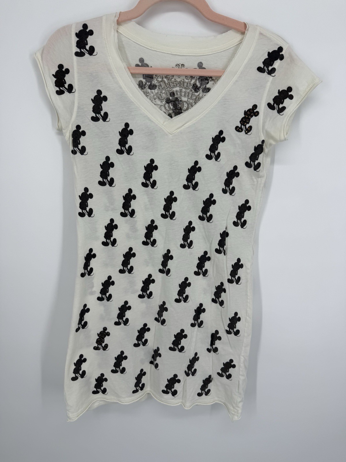 Disney Couture Mickey Mouse All Over Print V-Neck T-Shirt Cream Women Size M Y2K