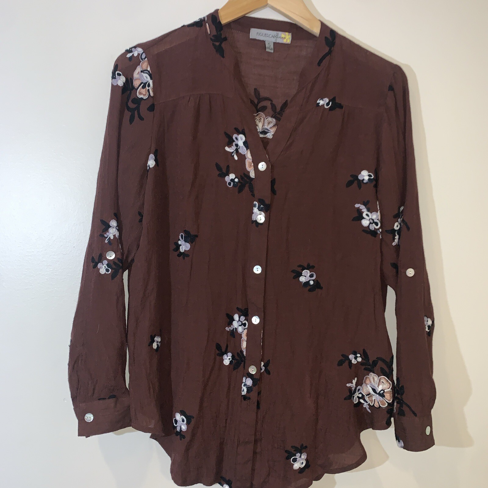 Figueroa And Flower Womens Top Small Brown Floral Embroidered