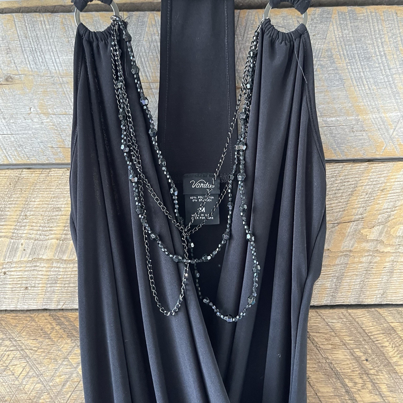VTG Y2K Vanity Black Halter Top Slinky Draped Neckline Attached Necklace Medium