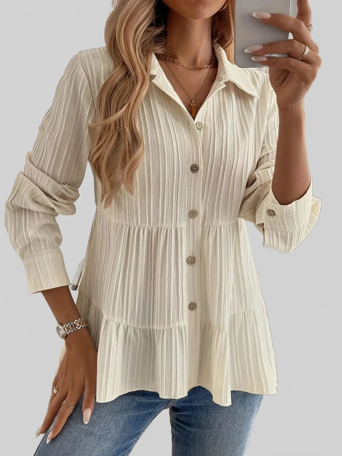 Women Striped Button-Down Tiered Shirt