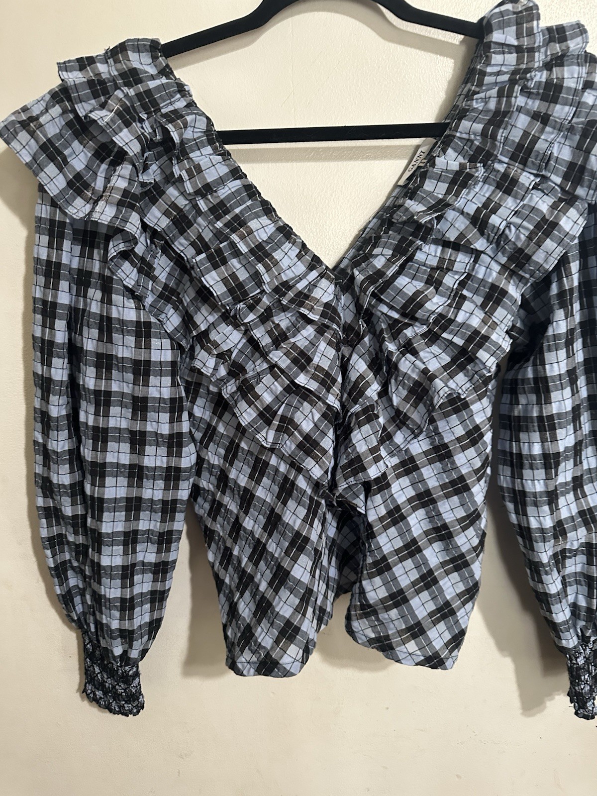 Ganni V Neck Puff Sleeve Seersucker Ruffle Blue Plaid Top Sz 34/XS