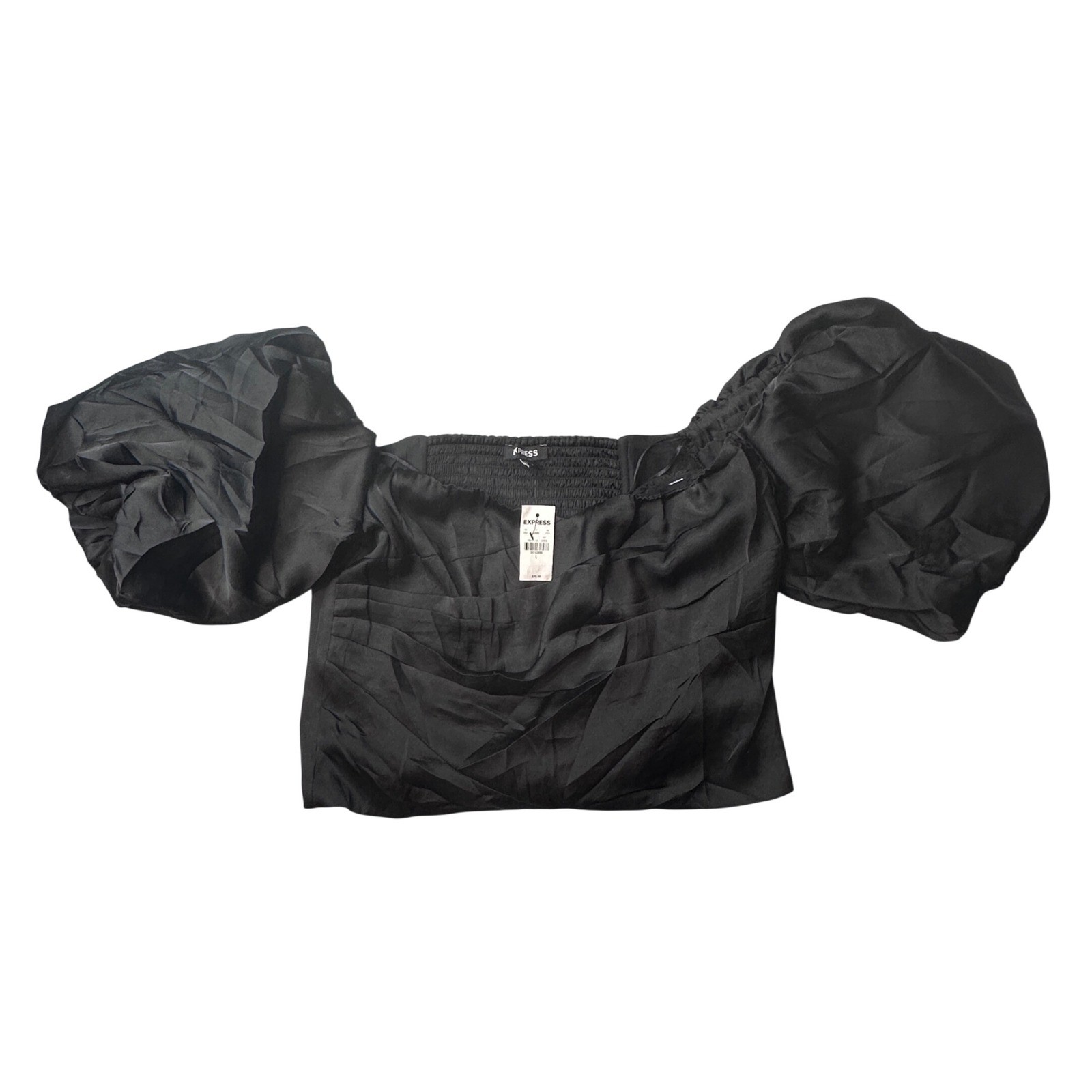 Express Top Women L Black Puff Sleeve Smocked Ruched Front Satin Crop Blouse
