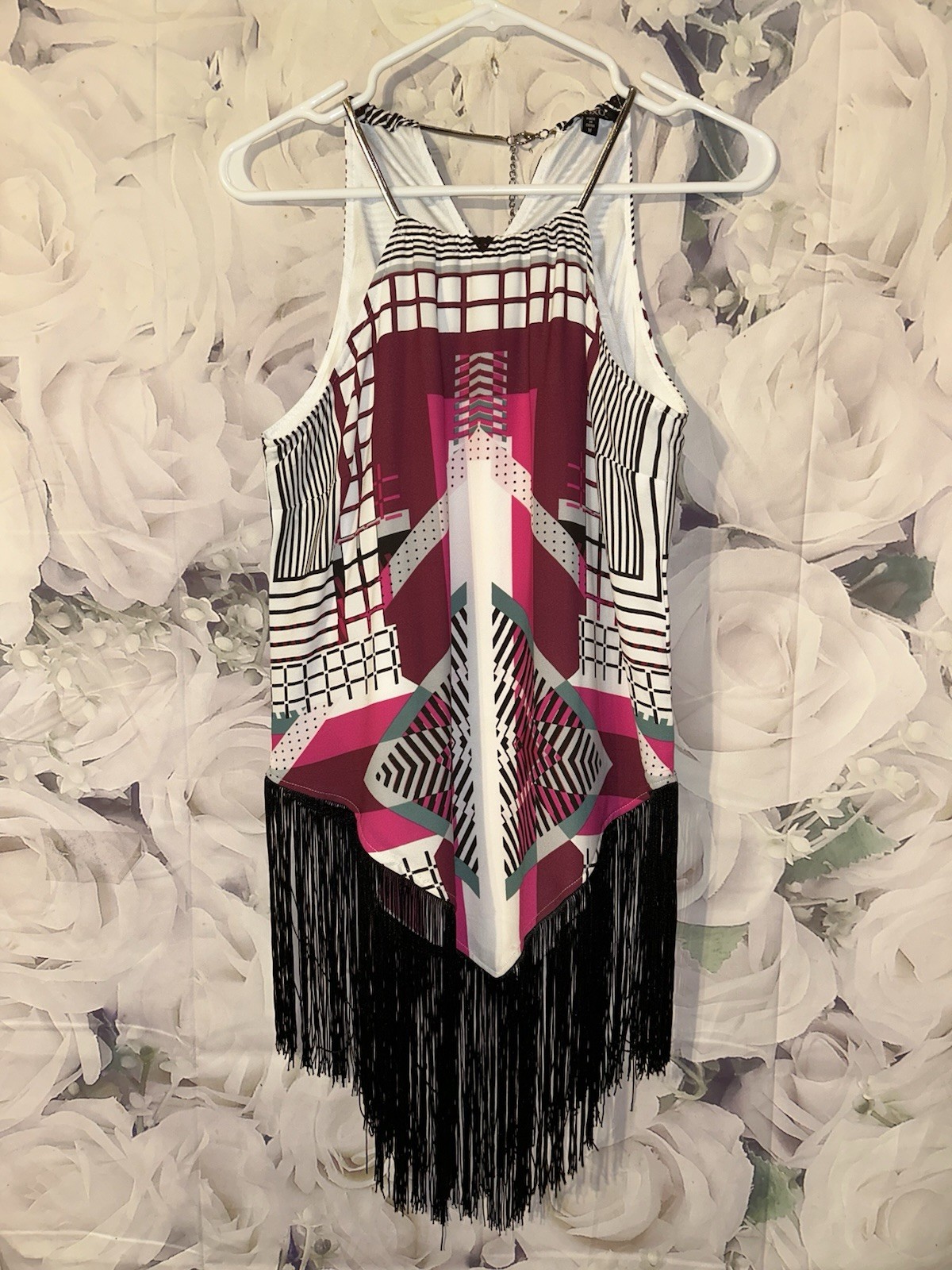 XOXO Vintage Y2K Halter Top Multi Color Pattern Fringe Detail Womens Size M