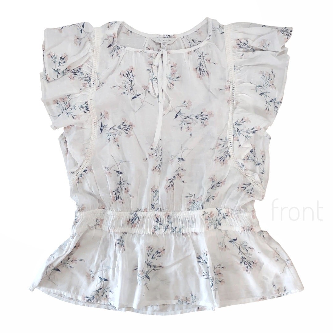 LUCKY BRAND White Floral Blouse Junior Size M Ruffles Lace Feminine Delicate NWT