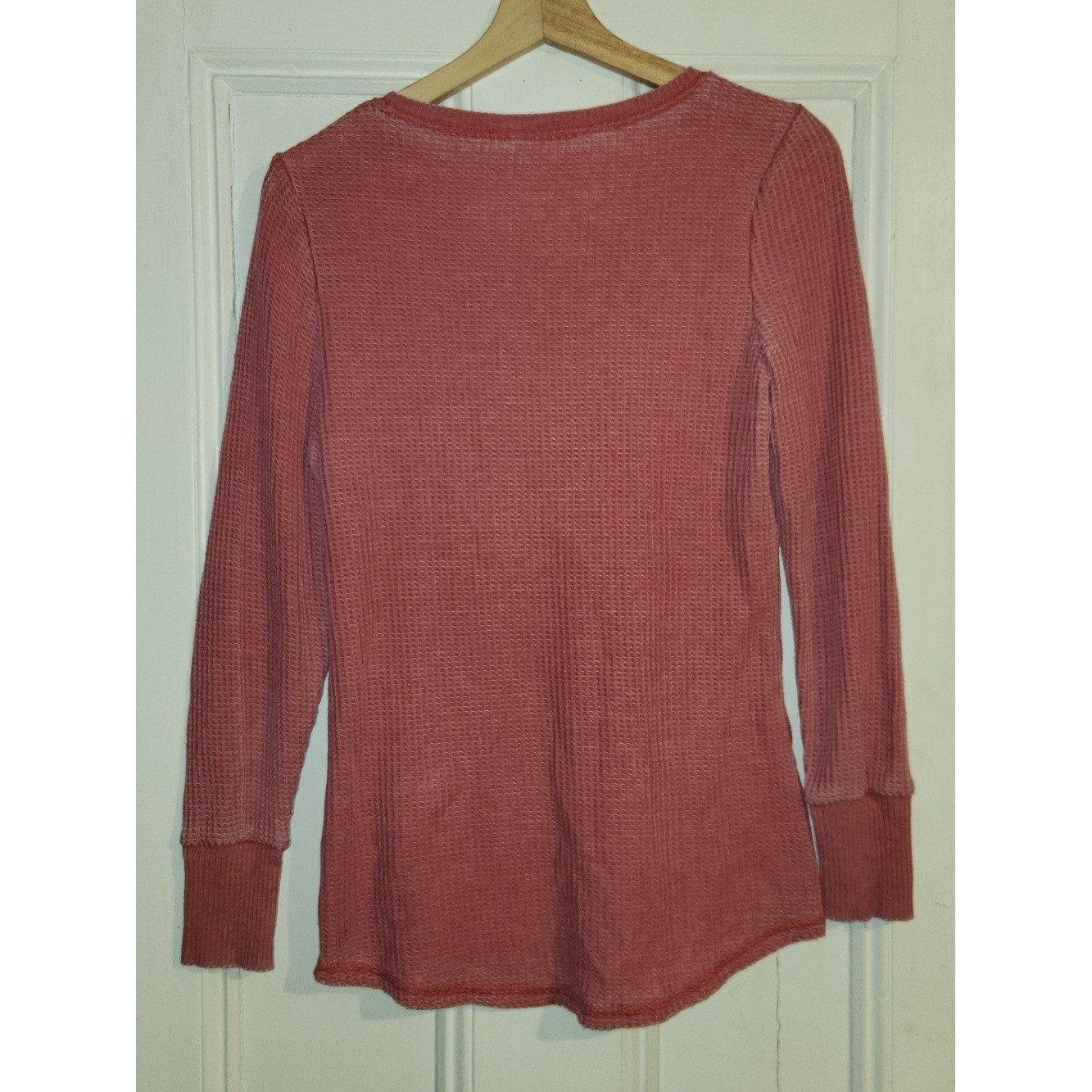 Seven7 Women Rose Pink Waffle Knit Thermal Henley Long Sleeve Top Small