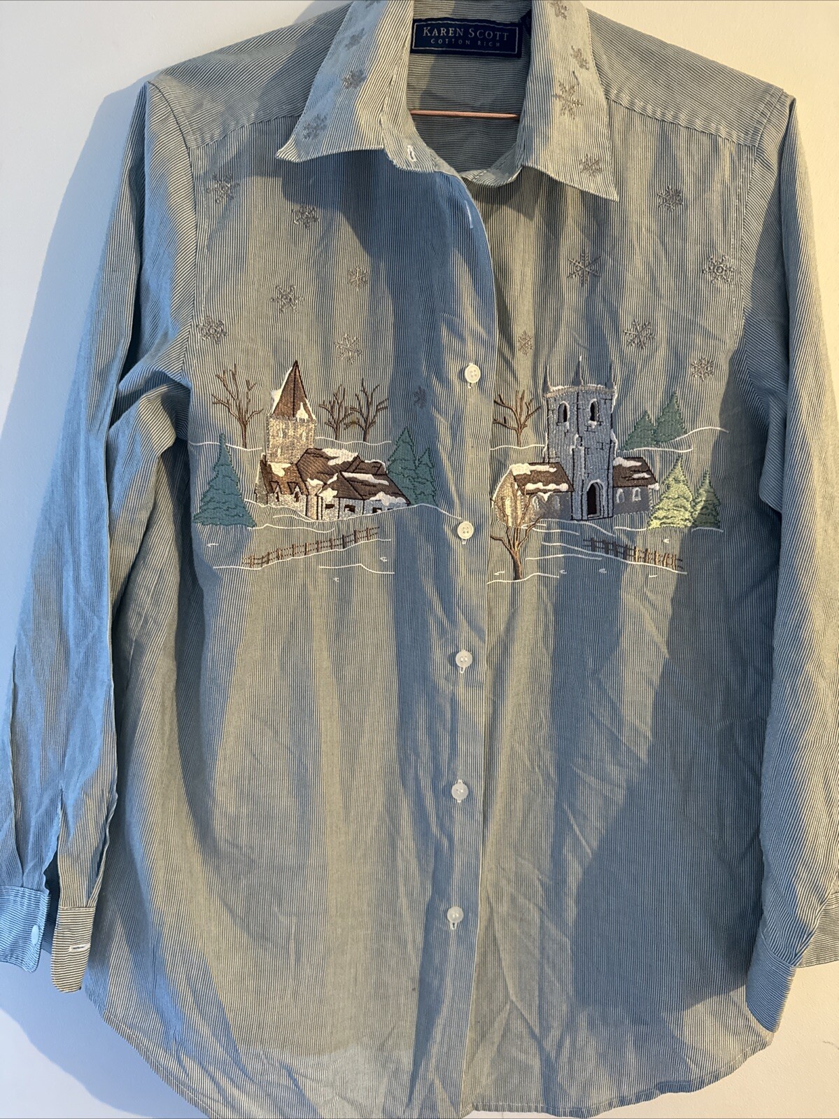 Vtg Karen Scott christmas Button Down Shirt Sz M Embroidered Winter Pine Snow