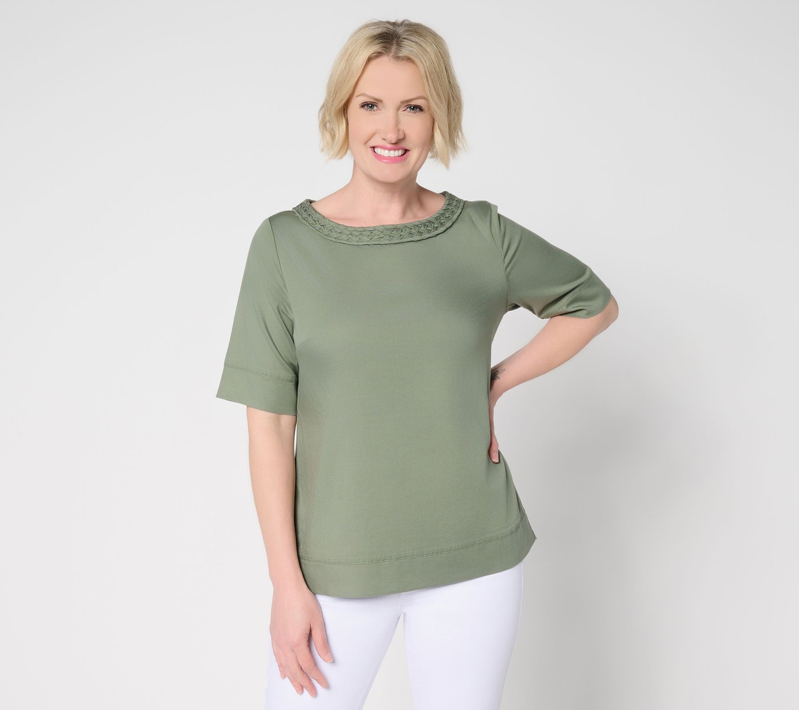 Susan Graver Women’s Top Sz L Chambray Bateau Neck Green A694642