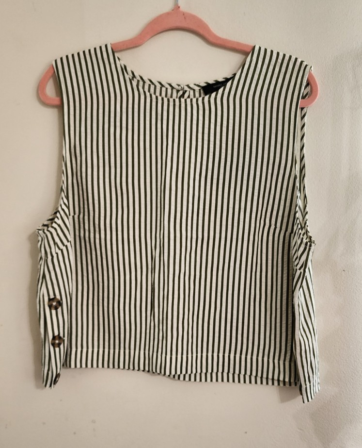 Marc New York Olive Green White Striped Seersucker Button Accent Tank Top XL