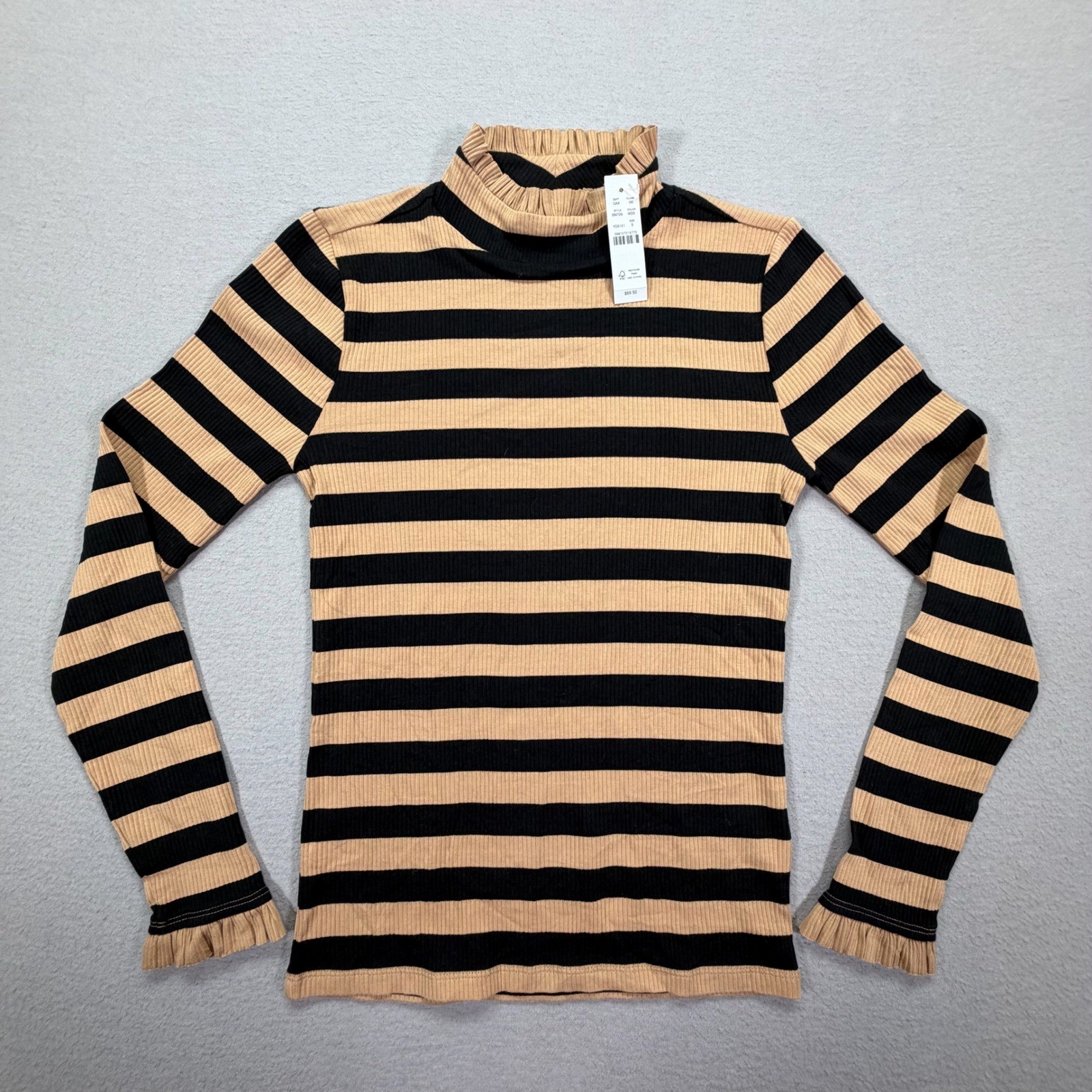 J.Crew Womens Top NWT Slim Camel Black Striped Ruffle Neck Long Sleeve S