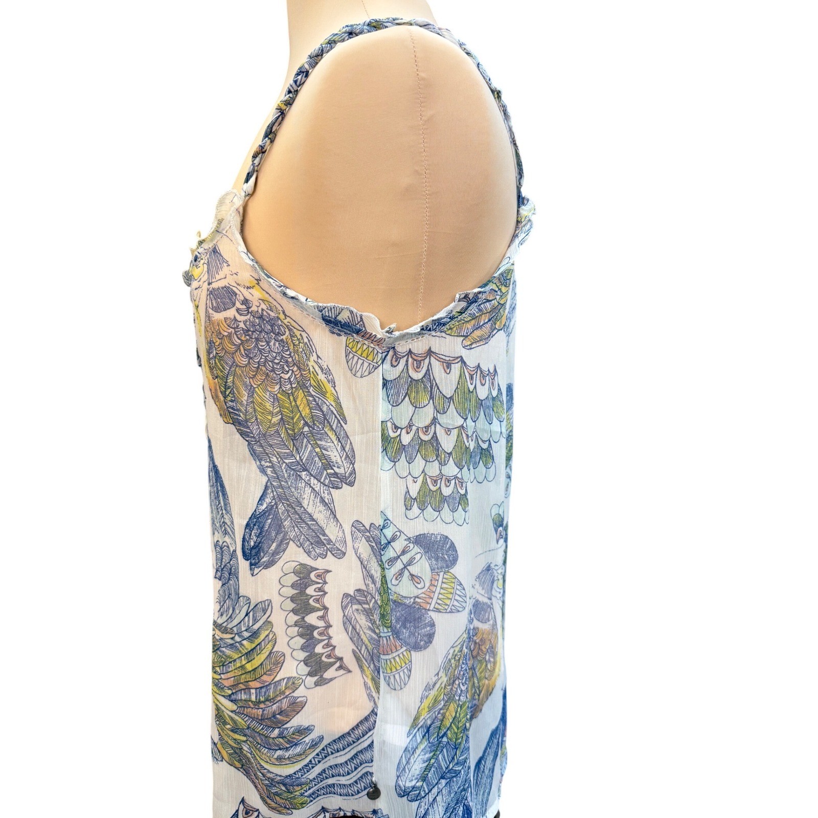 Quiksilver Camisole Women Small White Blue Yellow Bird Print Pintuck Boho Beach
