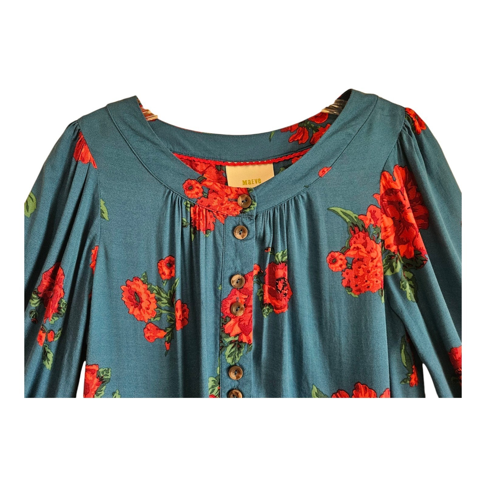 ANTHROPOLOGIE Maeve XS Kalas Blouse Top 1/2 Buttons Dark Turquoise Red Floral 38