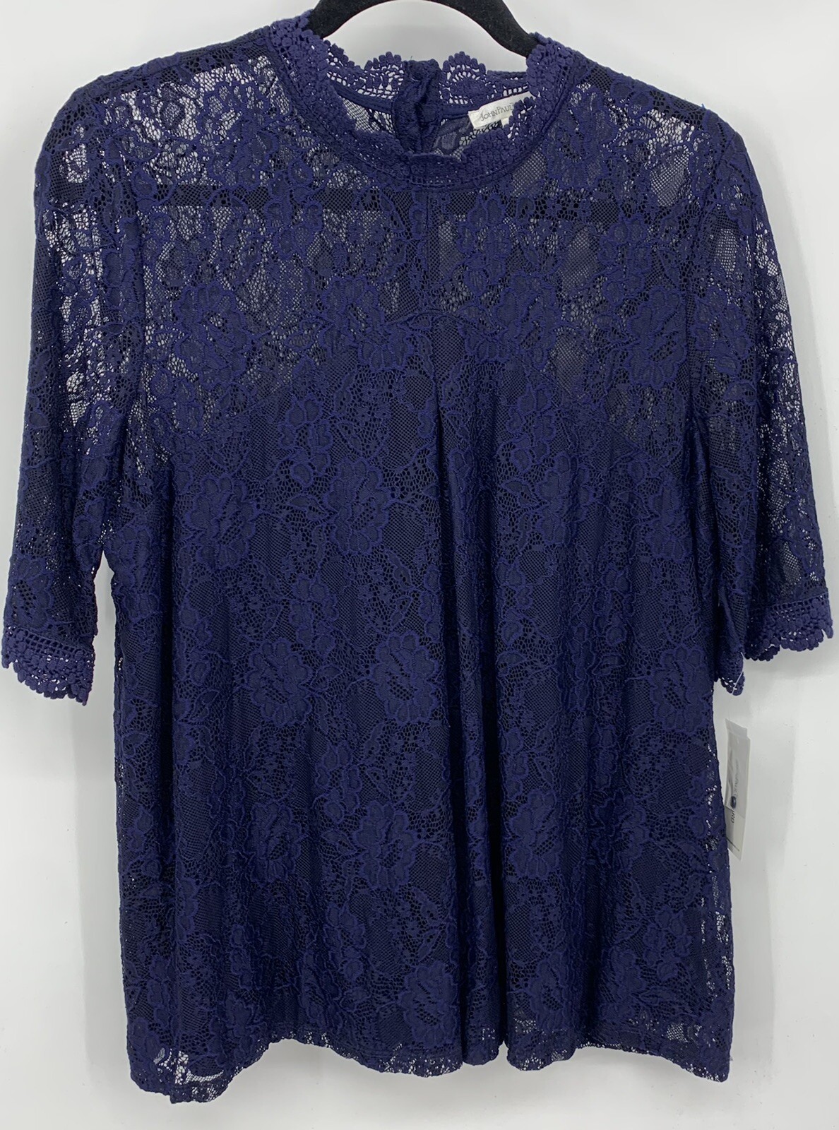 John Paul Richard Top Blouse Size Large L Navy Blue Lace Crew Women New B49FS
