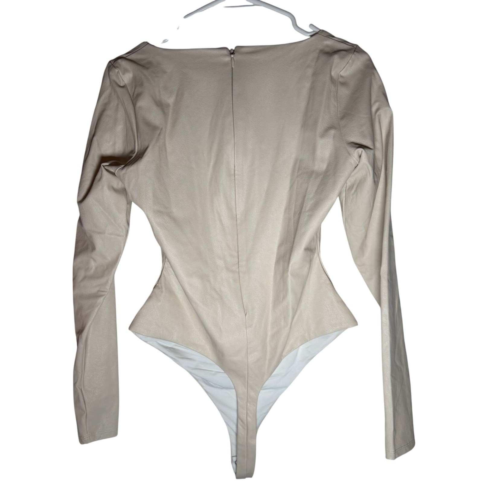 Naked Wardrobe Faux Leather Sweetheart Thong Bodysuit Cream Size Large NWT