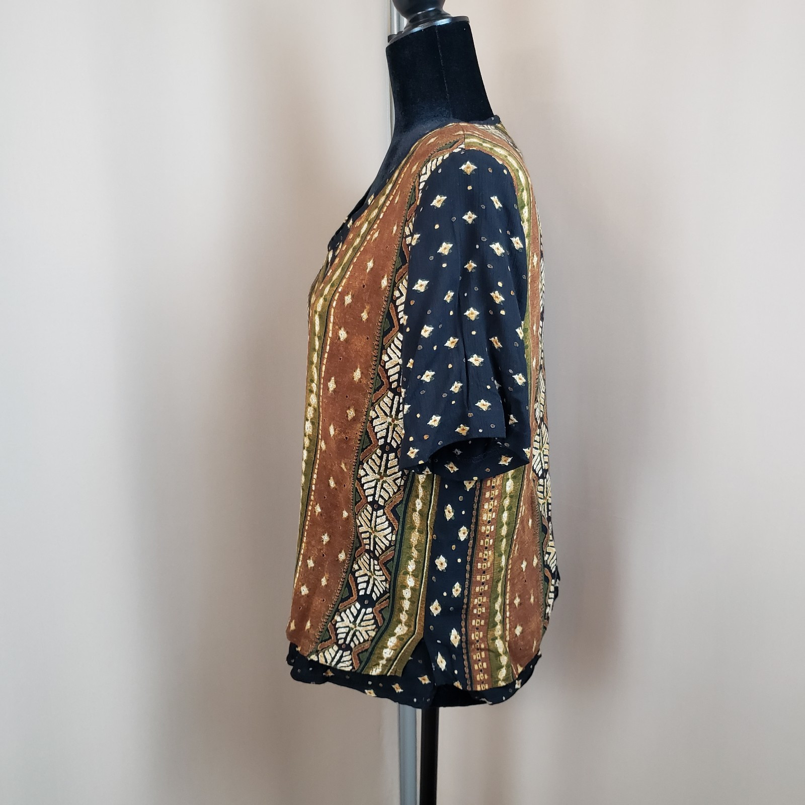 Rabbit Top Sz 10 Mixed Print Rayon Gauze Layered Earthy Boho Art 2 Wear VTG 90s