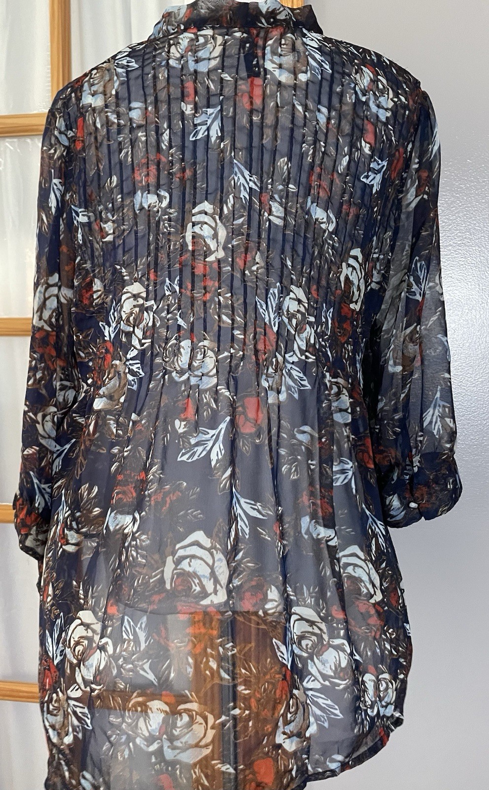 Falls Creek Pleated Floral Blouse Sz L Beige Red Sheer Front Tie 3/4 Sleeve Boho