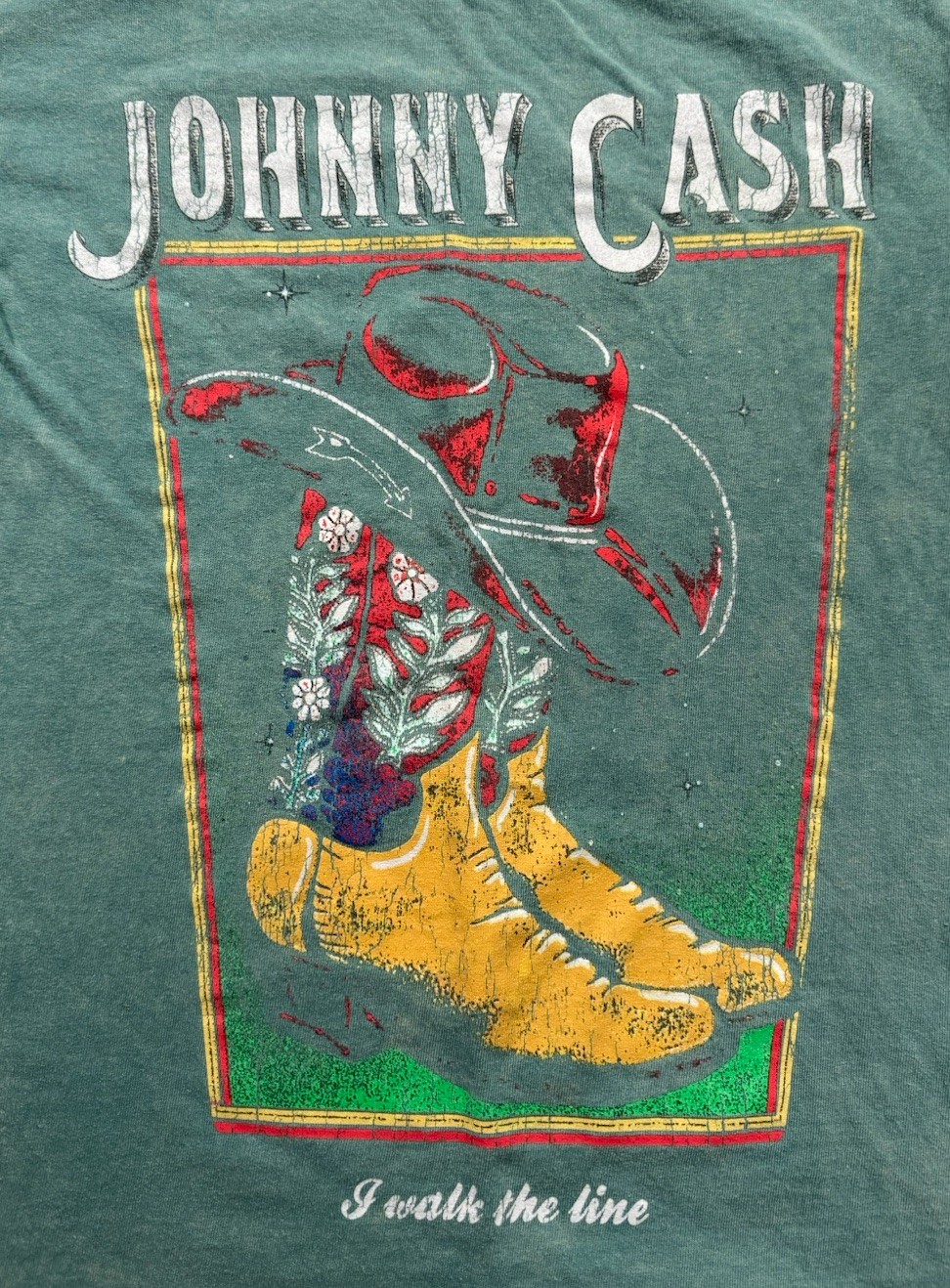 Johnny Cash T-Shirt Womens Small Green Official Licensed Cowboy Hat Boots Logo
