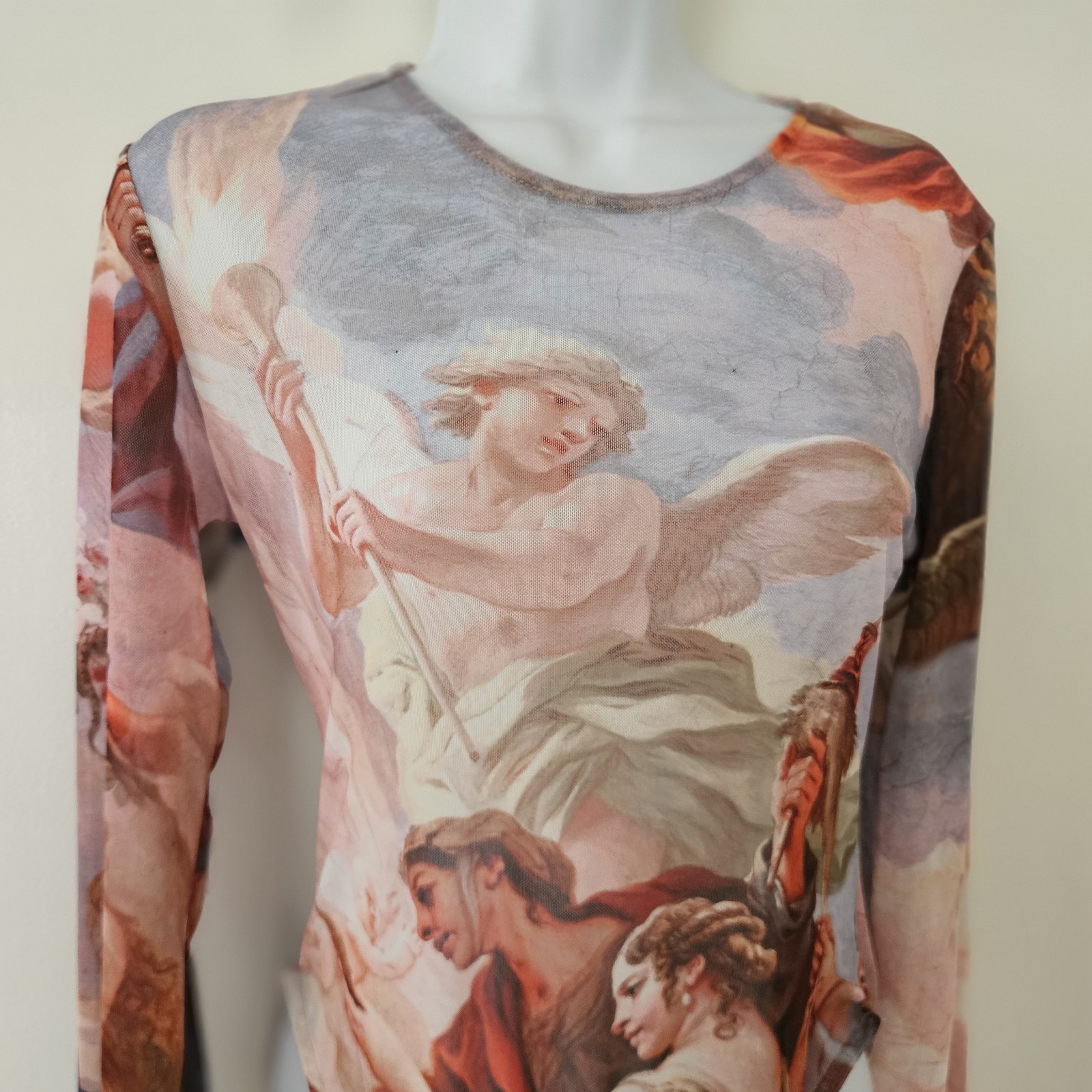 Zara Womens Bodysuit Top L Mesh Sheer Luca Giordano Renaissance Angel Cherub Art