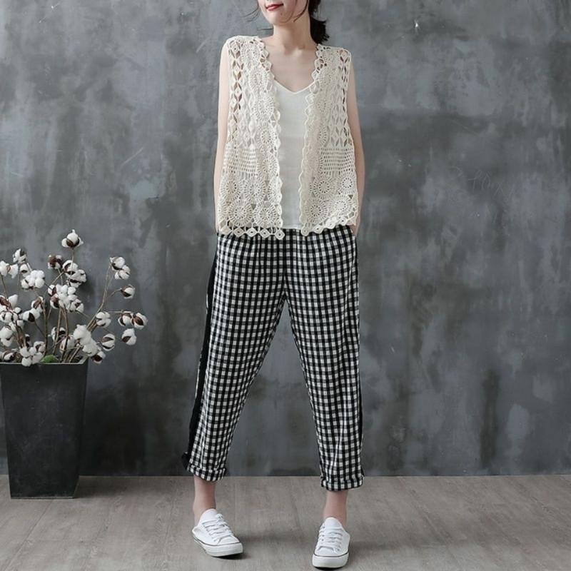 Women Lace Hollow Crochet Cardigan Open Front Vest Cotton Knit Gilet Tank Tops