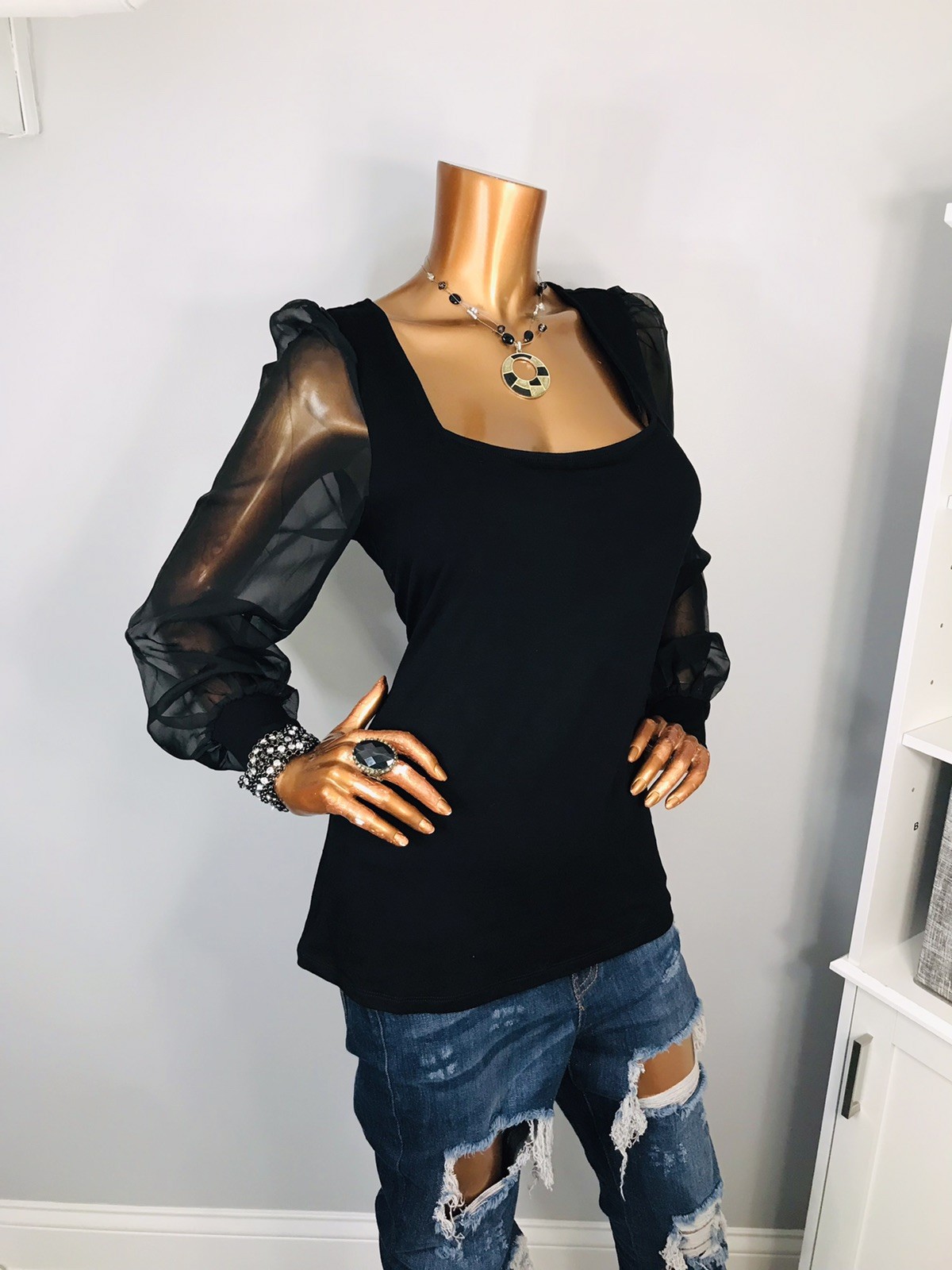 ELOQUII 14/16 or L Top Stretch Black NWT Long Sheer Sleeves Blouse Square Neck