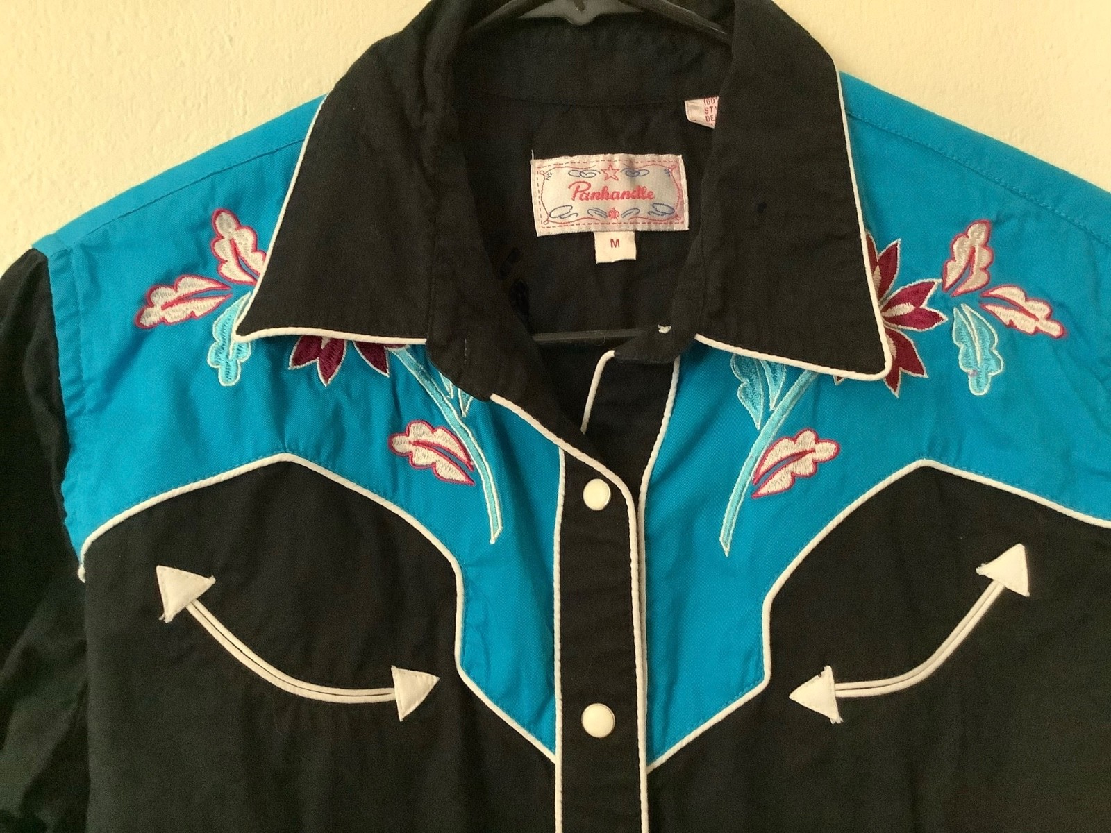 Panhandle Women Medium Shirt Western Retro Rodeo Rockabilly Embroidered Turquois