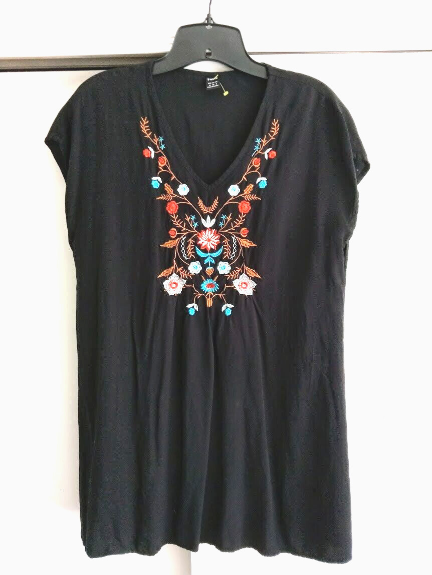 Shein Floral Embroidered V-Neckline Navy-Blue Women’s Size M Cap Sleeve