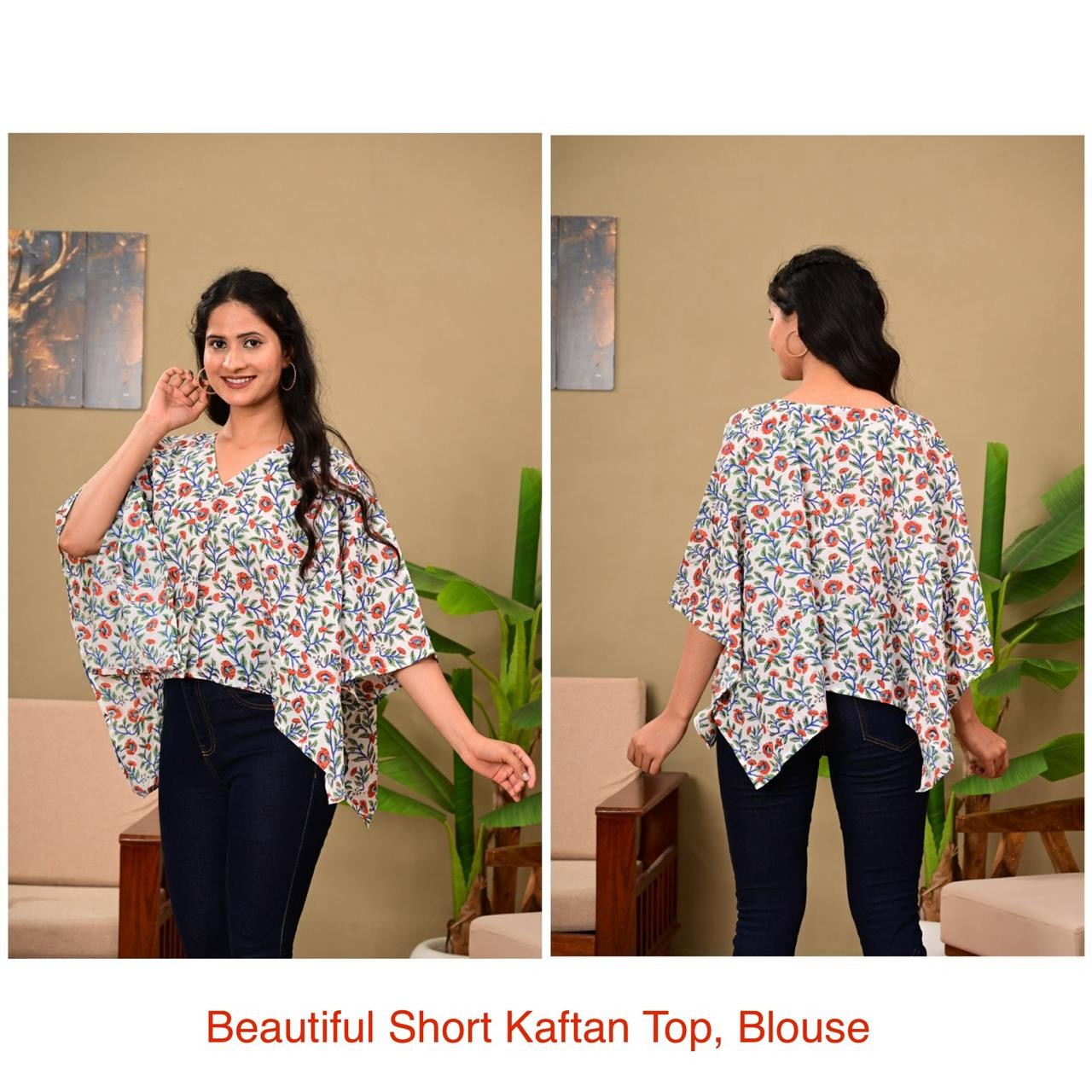 Women Cotton Short Kaftan Hand Indian Print Beach Coverup Beach Dress Caftan Top