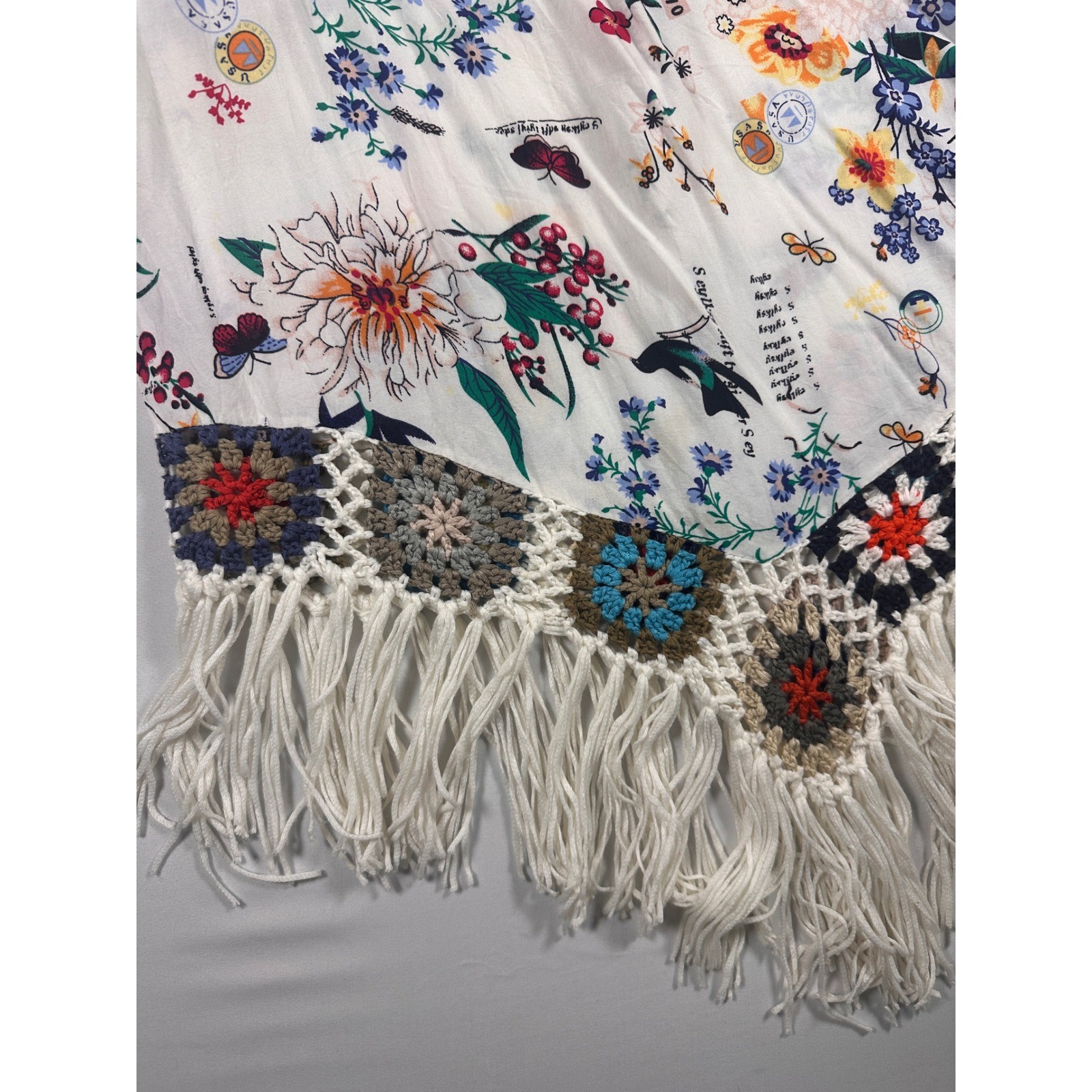 NEGS Floral Crochet Granny Square Fringe Tunic Top Boho Festival White Multi