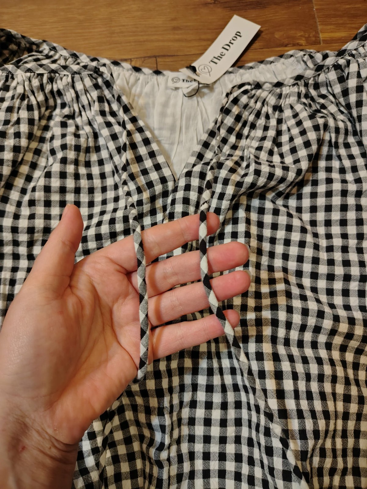 The Drop Womens Shirred Neck Cotton Bubble Hem Top Black/White Gingham XXL