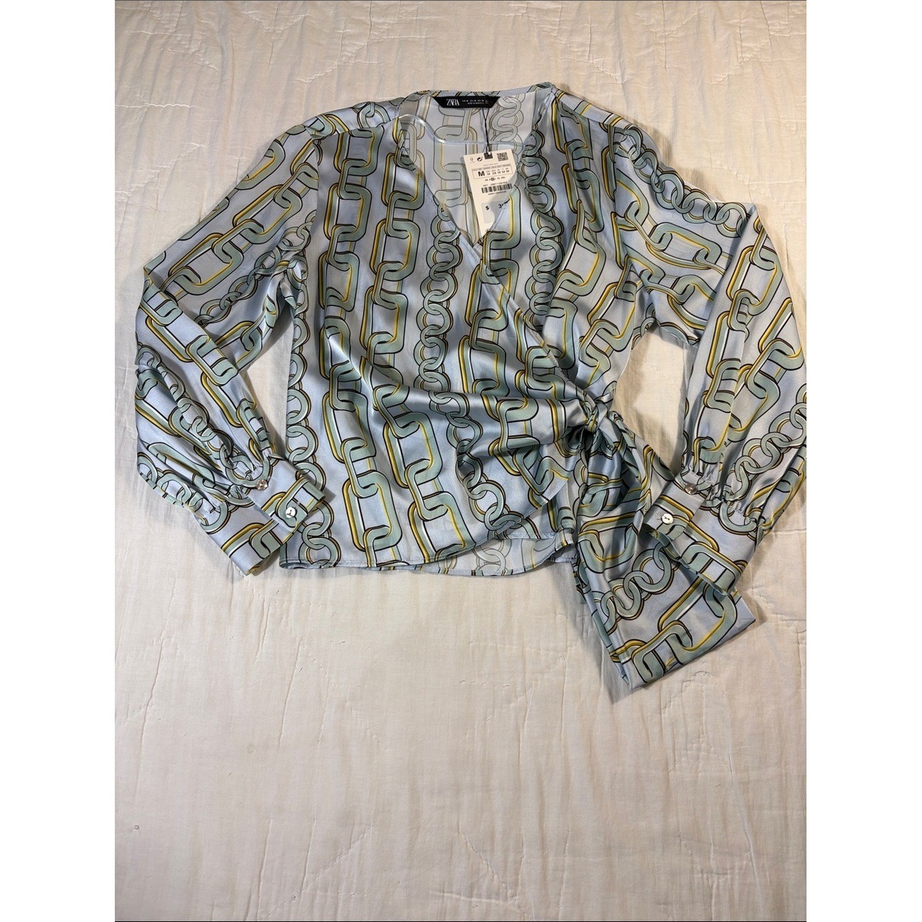Zara Light Blue Chain Link Print Satin Wrap Blouse – Long Sleeve Tie Side NWT