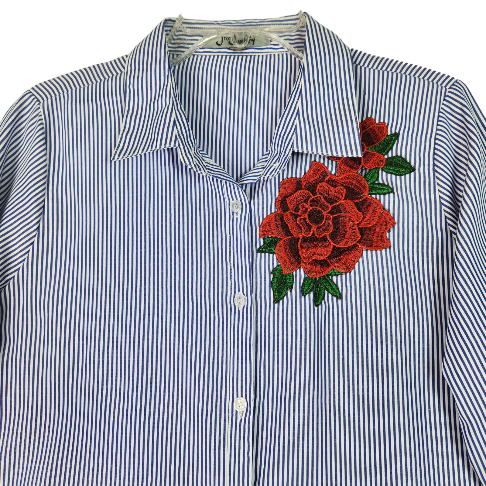 J For Justify Womens Button Up Tunic Top Size XL Blue Stripe Rose Embroidered