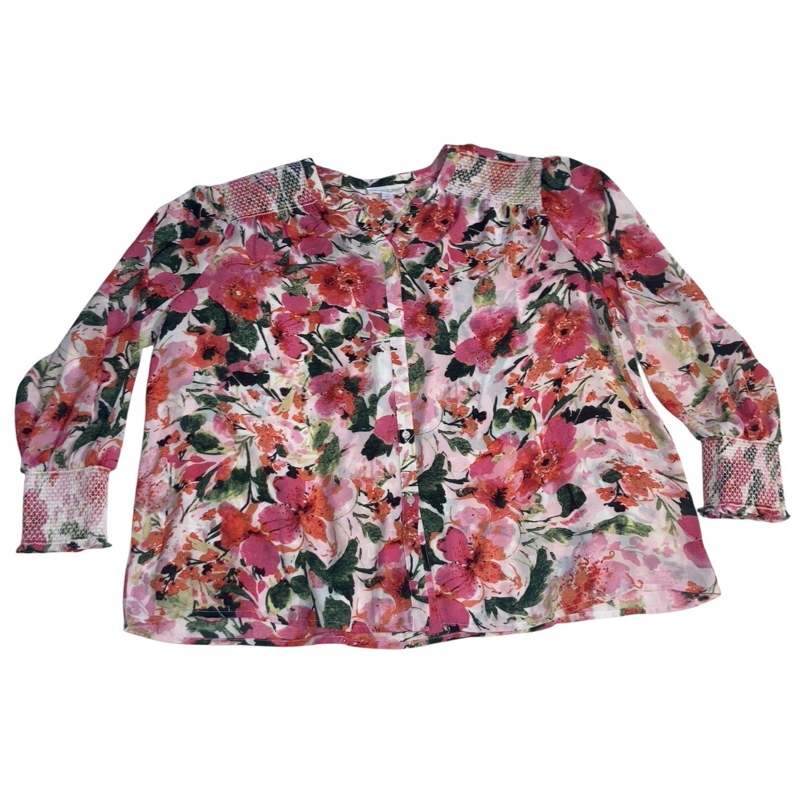 Cynthia Rowley Long Sleeve Floral Blouse Size 1X Smocking Detail 100% Poly