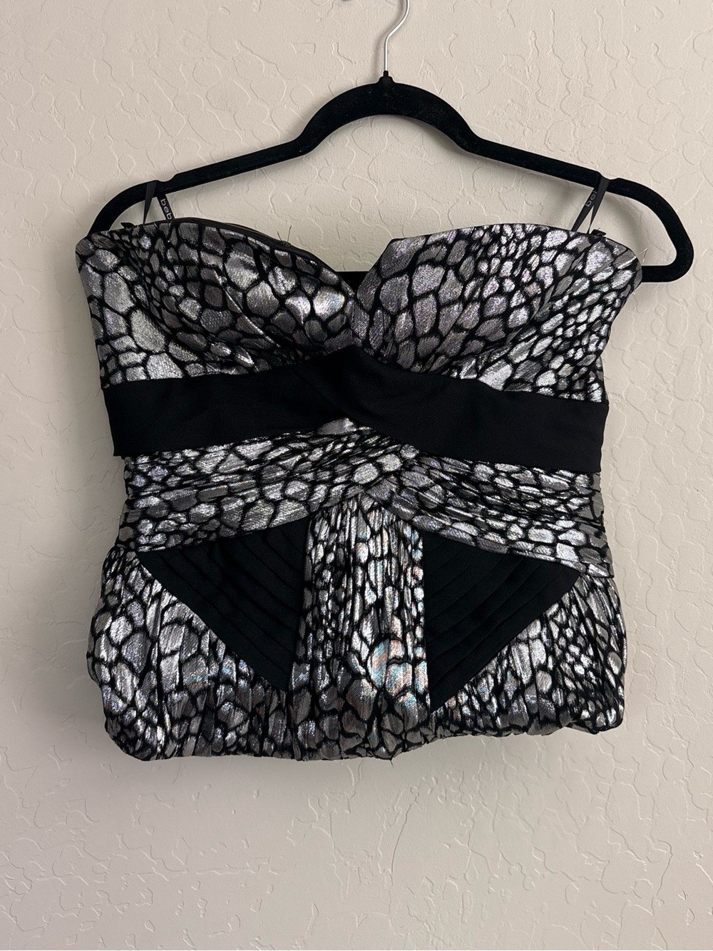 Bebe Black Silver Metallic Snake Print Strapless Bustier Tube Top Medium Y2K