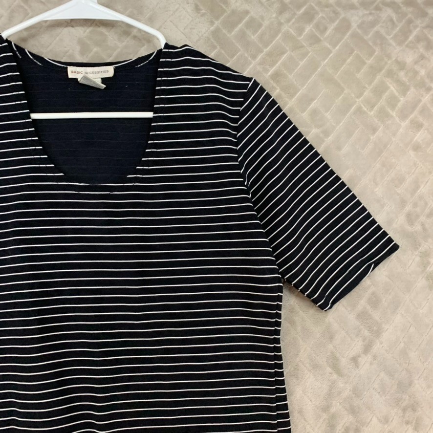 Basic Necessities Shirt Womens M Black Striped Short Sleeve Nylon Blend