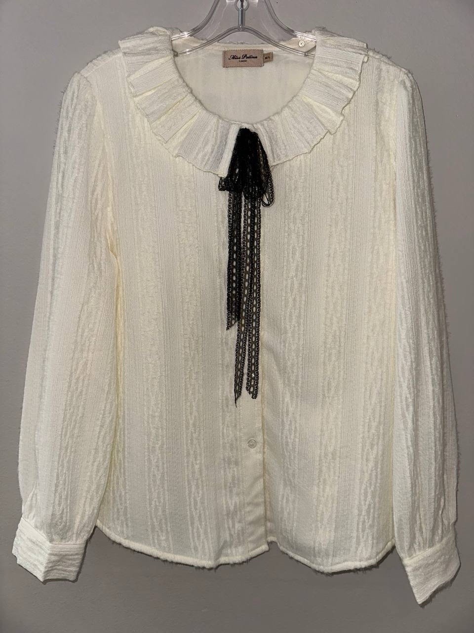 Miss Patina Ivory Textured Ruffle Collar Bow Button Puff Sleeve Blouse M/L