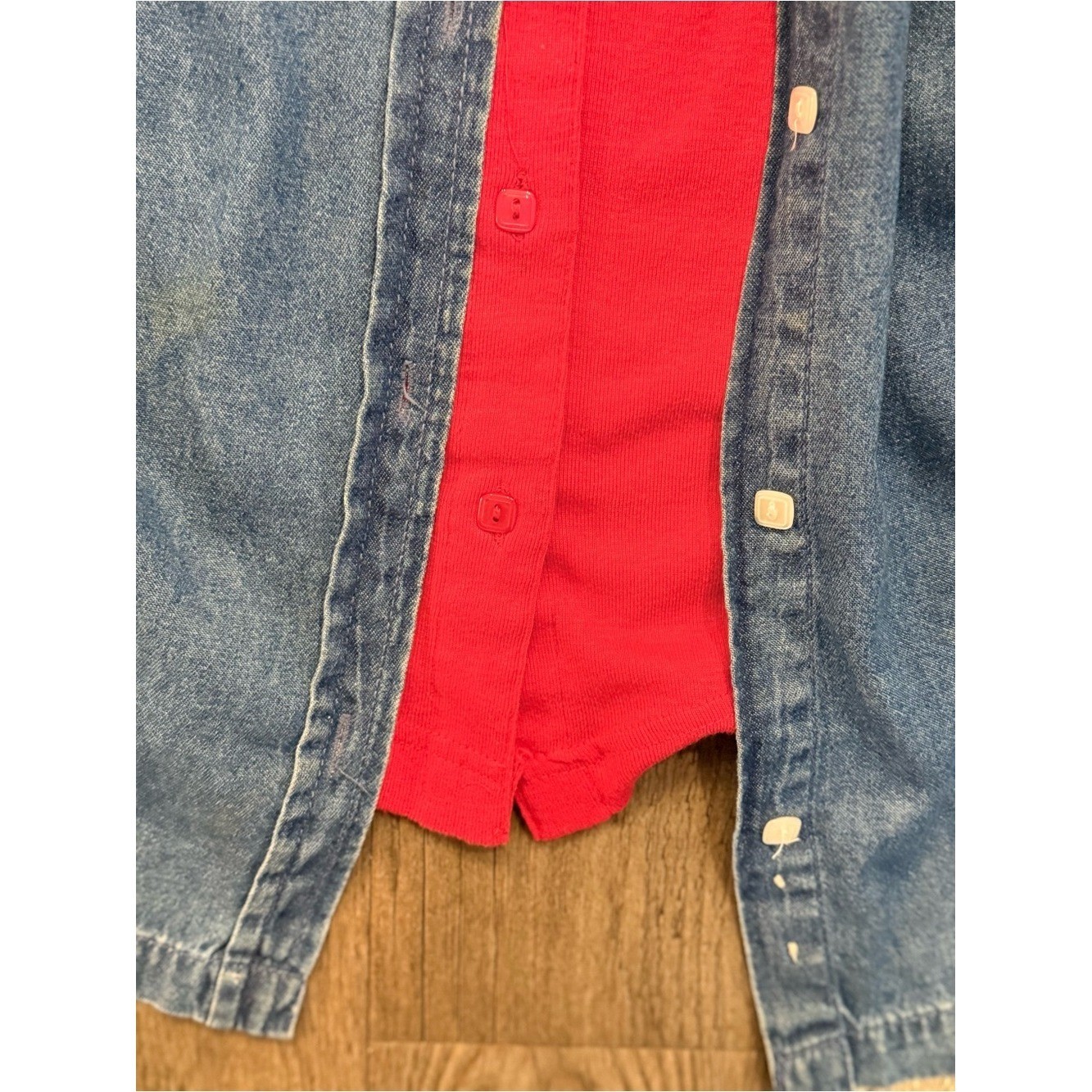 White Stag Denim Button-Up Shirt in Light Blue Built in Red Vest Cardigan
