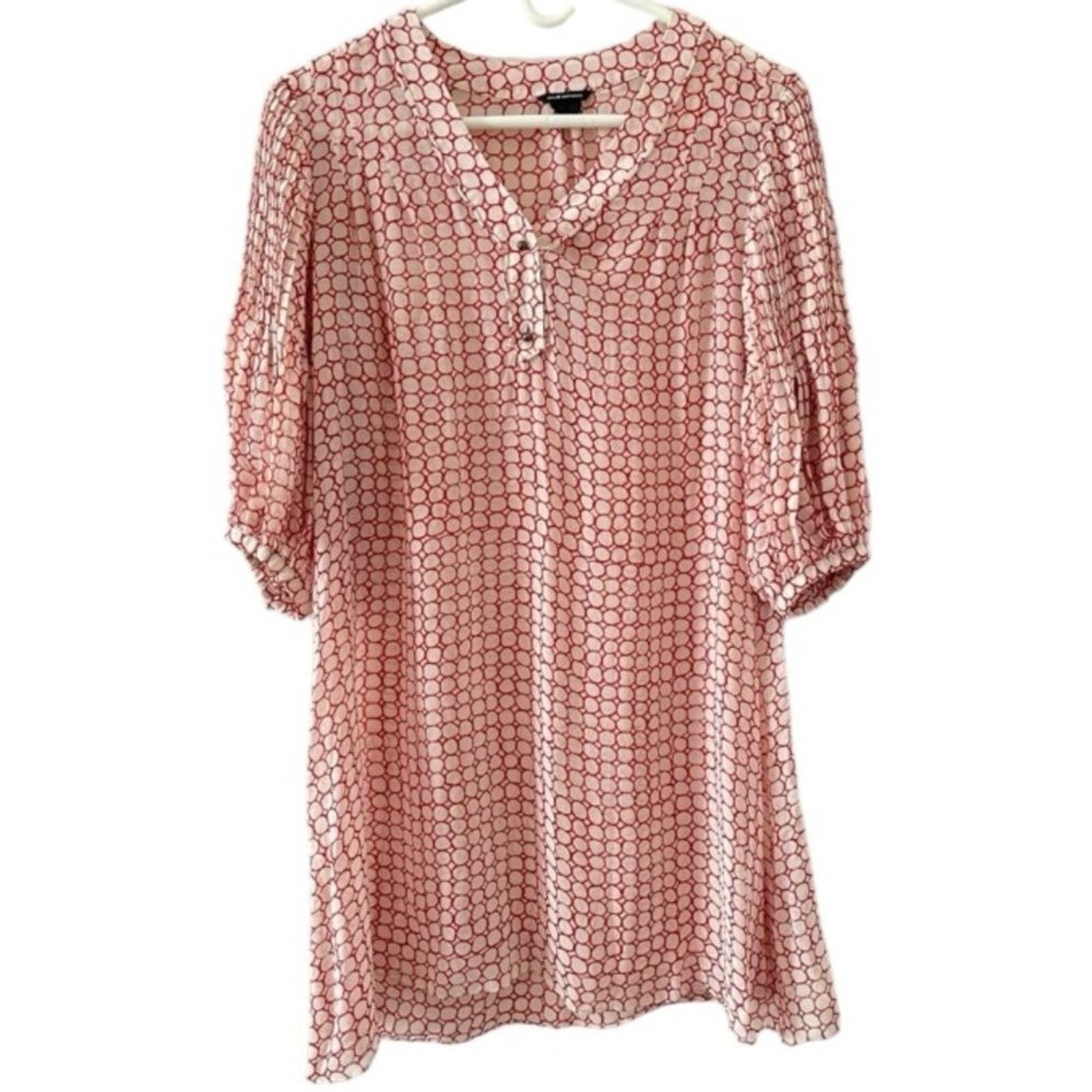 Club Monaco 100% Silk Tunic Blouse Top Sheer 3/4 Sleeve Red Cream Circles 8