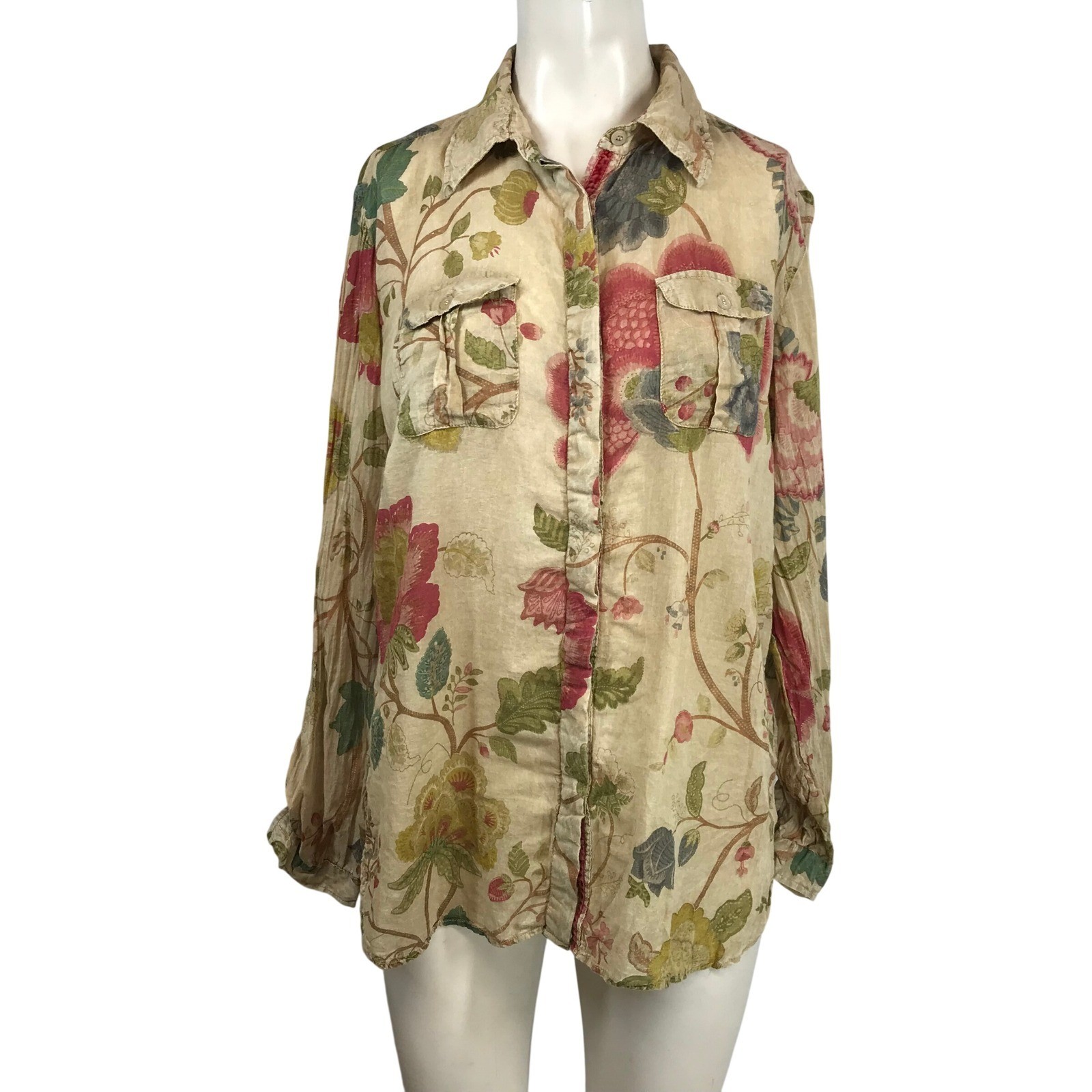 Vintage Goa Womens Floral Cotton Button Down Shirt Beige Red Green Size M