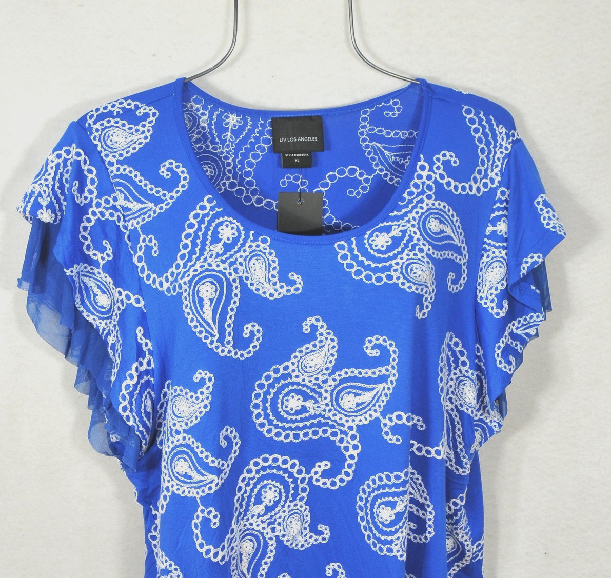 Liv Los Angeles Women’s Blouse XL Blue Paisley Embroidered Flutter Sleeve NWT