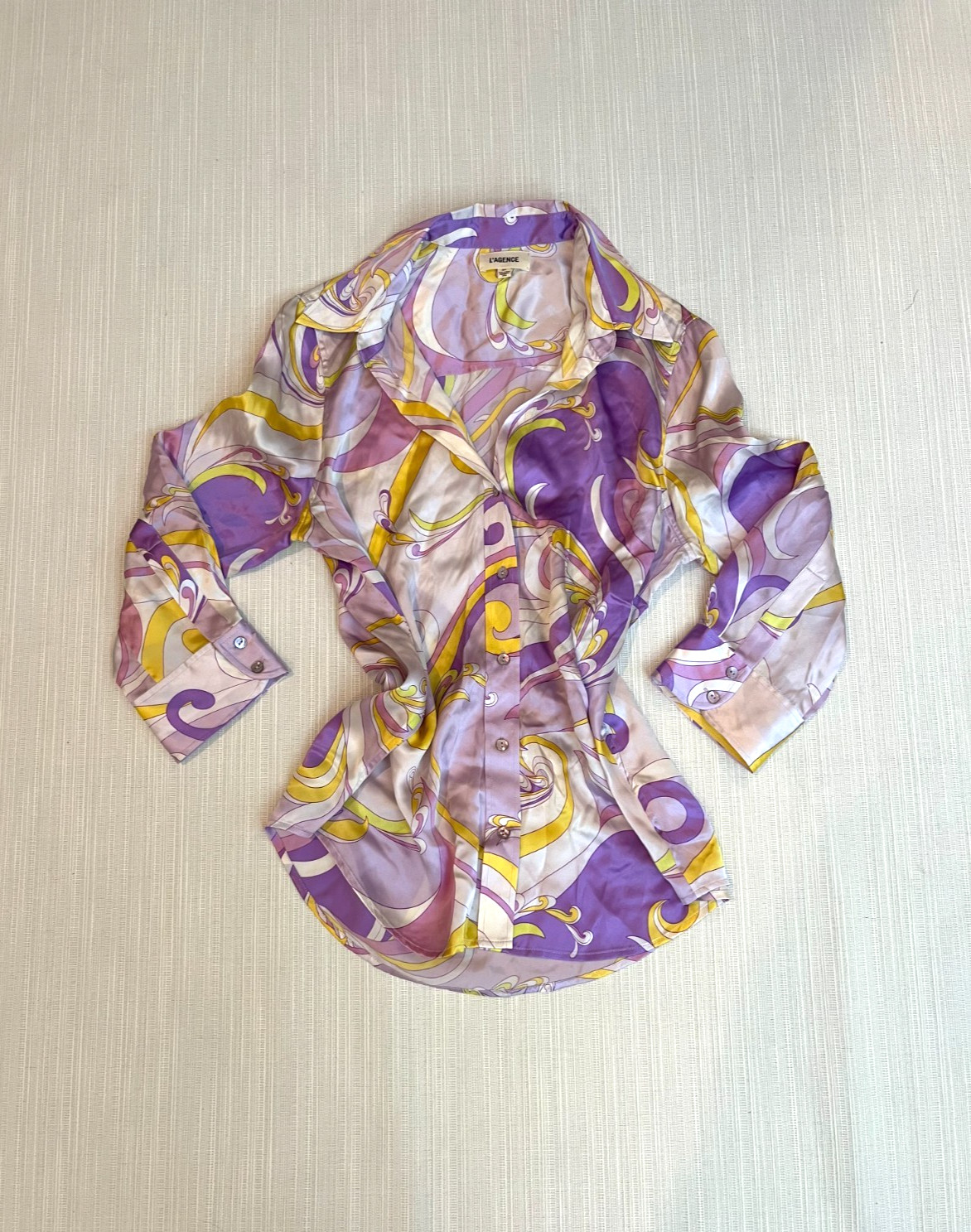 L’AGENCE 100% Silk Purple, Button Front Blouse 3/4 Sleeve Size Small