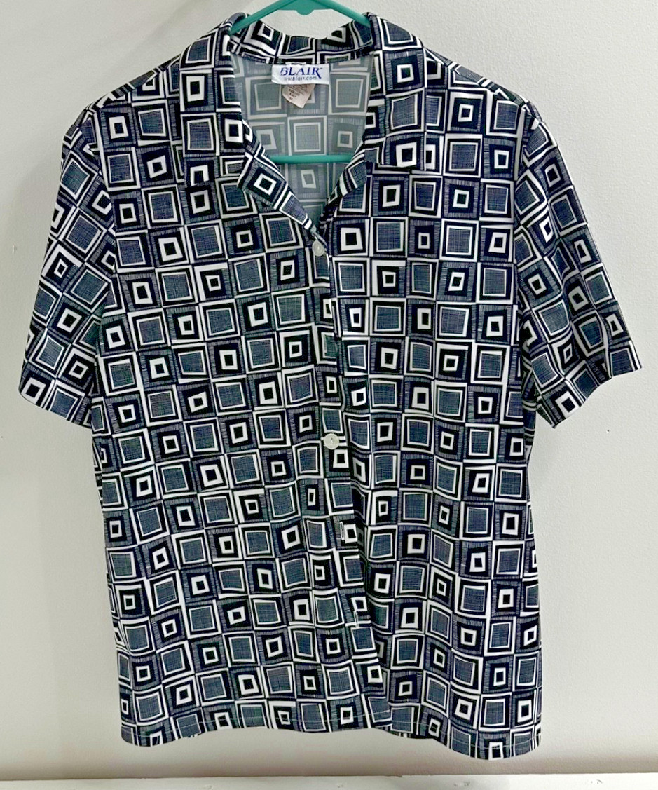Blair womens blouse button down size LGE vintage geometric mod black square
