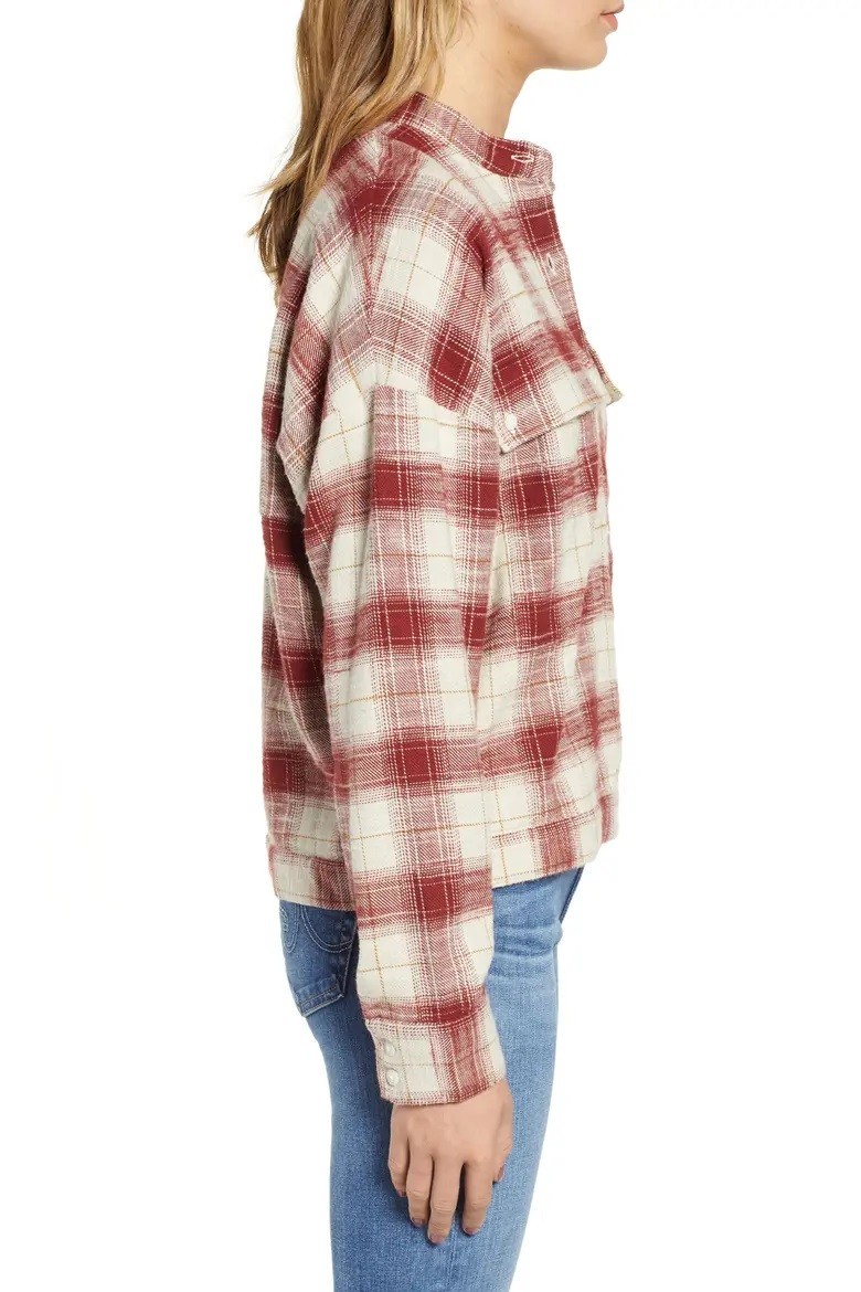 AG Adriano Goldschmied Smith Women’s Plaid Flannel Shirt Jacket Red Cream Size L