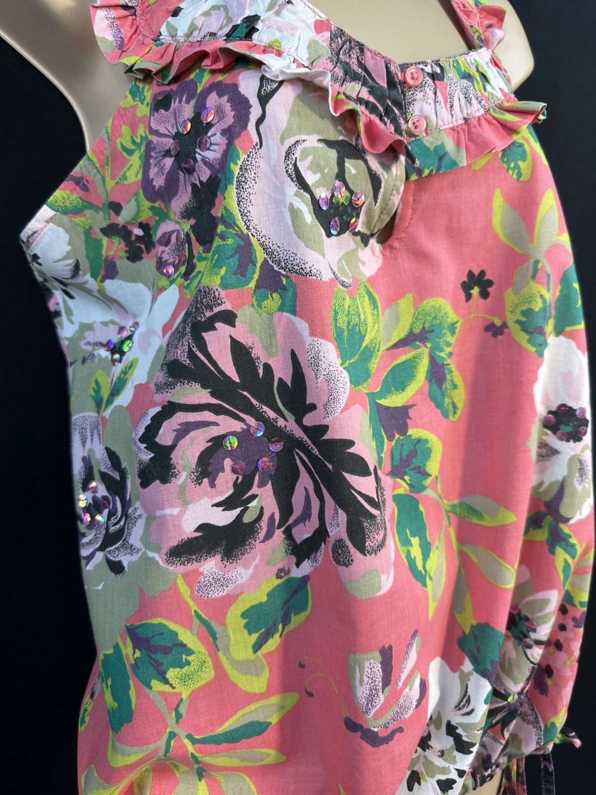 NEXT Bold Floral Top 100% Cotton Pleated Neckline Button Tie Hem Sequin Size 12