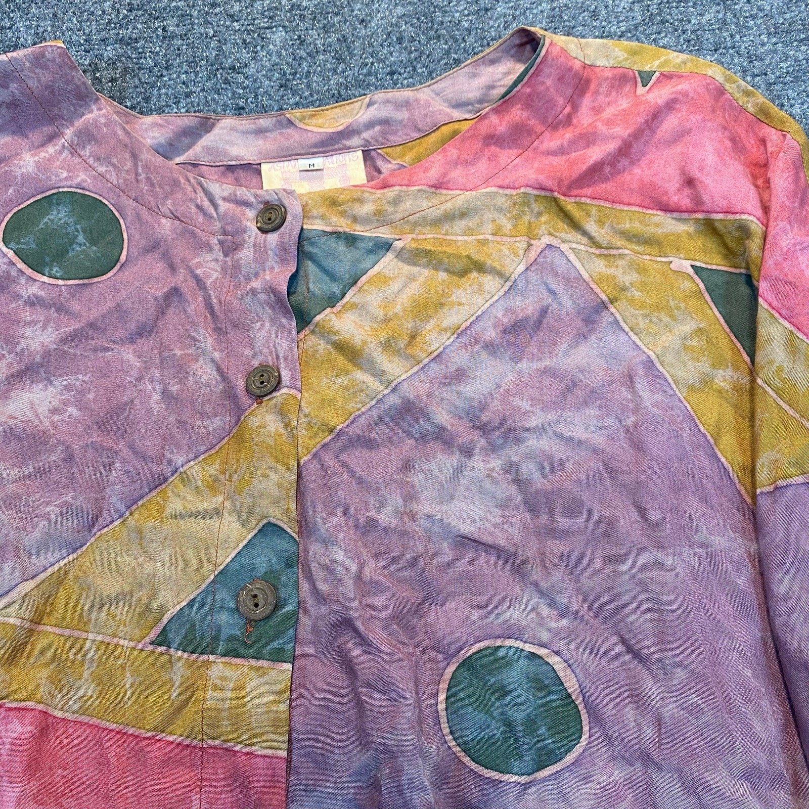 Asian Nations Colorful Boho Geometric Print Tie Front Long Sleeve Blouse Medium