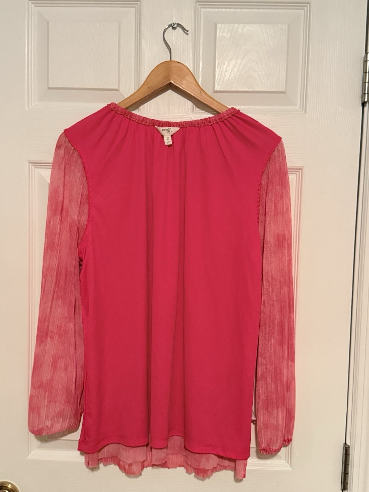 Women’s XL Pink Abstract Print Polyester Round Neck Sheer Balloon Sleeve Blouse