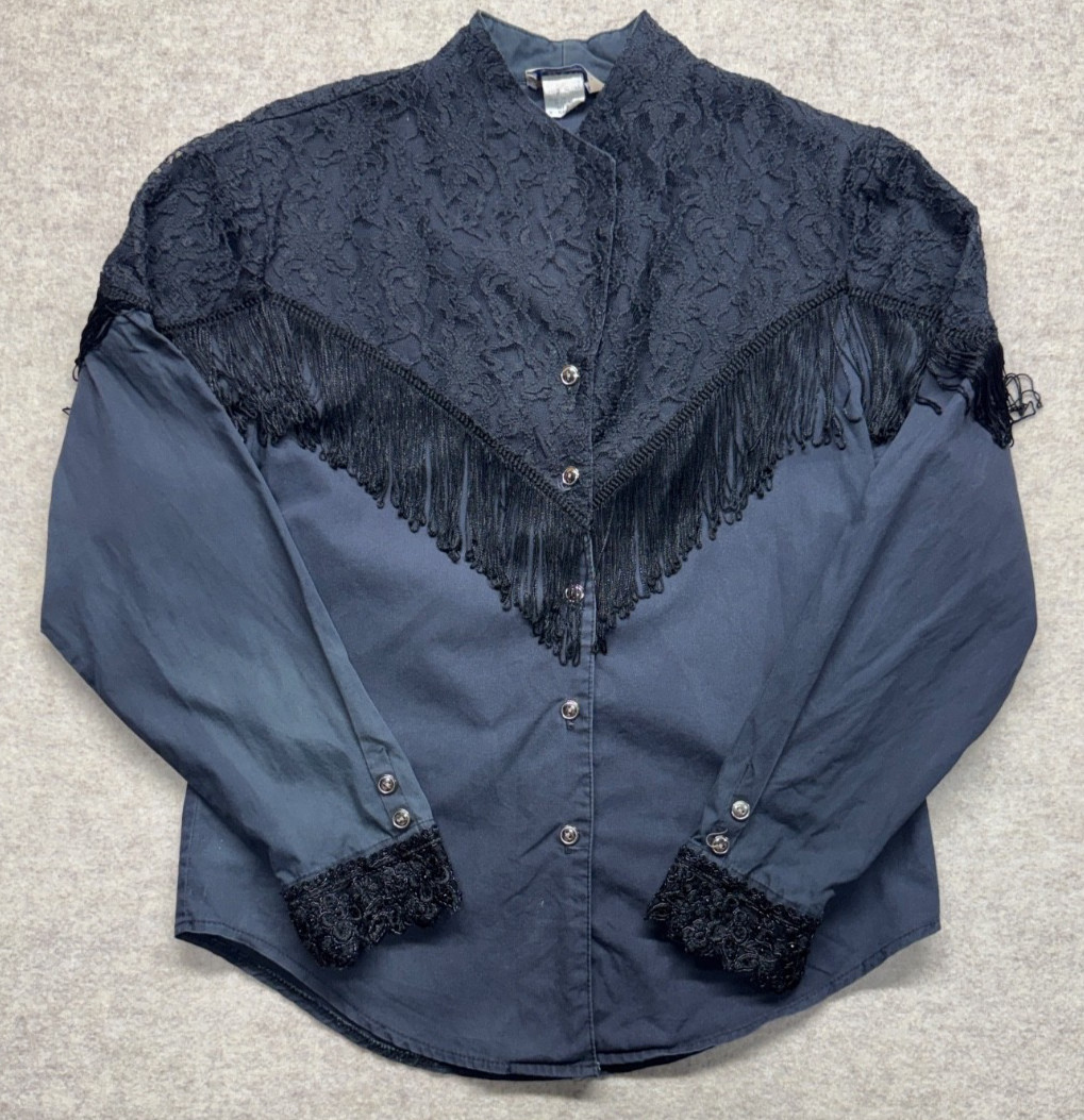 Vintage Circle T Button Up Women XS Black Lace Fringe Western Rodeo Rockabilly